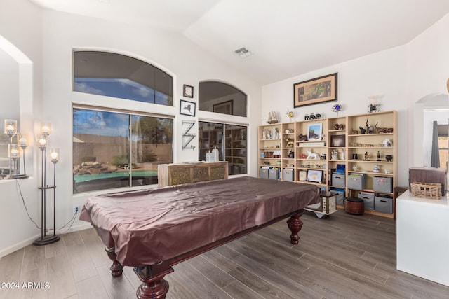 playroom with hardwood / wood-style flooring, vaulted ceiling, and billiards