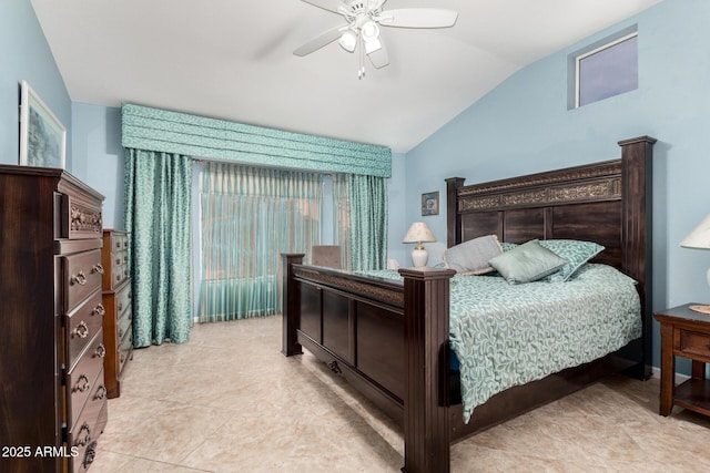 tiled bedroom featuring ceiling fan and lofted ceiling