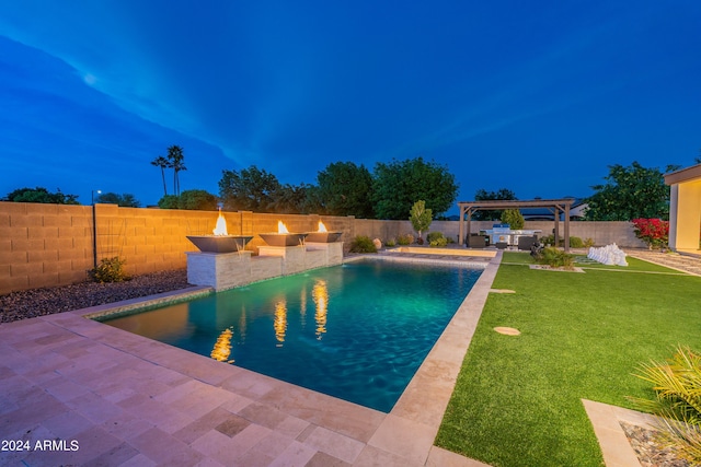 view of pool featuring a patio area, area for grilling, a fenced backyard, and a pergola