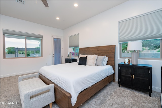 bedroom with recessed lighting, visible vents, light carpet, ceiling fan, and baseboards