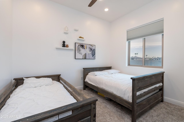bedroom with recessed lighting, carpet, a ceiling fan, and baseboards