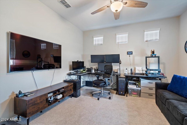 office space with ceiling fan and carpet floors