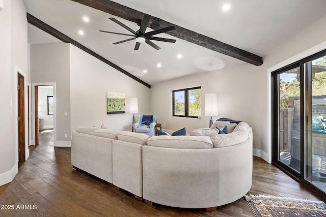 living room with dark wood-style flooring, beamed ceiling, baseboards, recessed lighting, and a ceiling fan