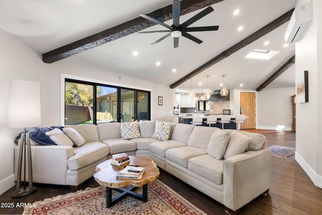 living area with lofted ceiling with beams, a wall mounted AC, dark wood-style flooring, and a ceiling fan