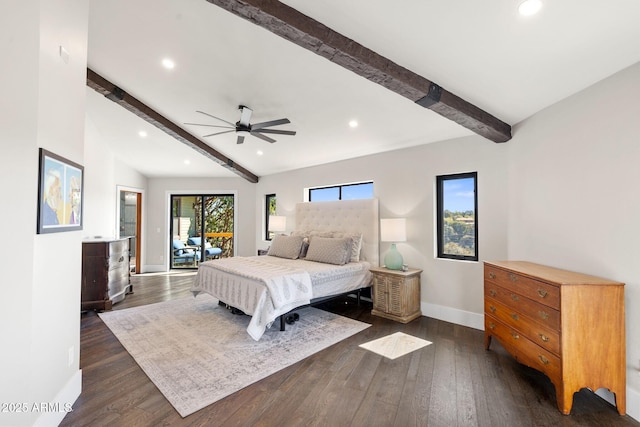 bedroom with lofted ceiling with beams, dark wood-style floors, baseboards, and recessed lighting