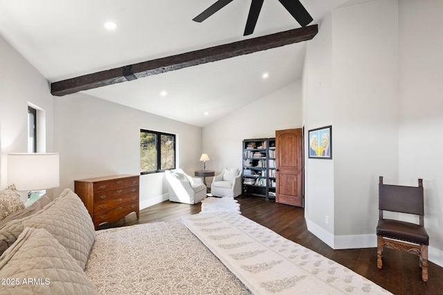 bedroom featuring baseboards, dark wood-style floors, recessed lighting, and beamed ceiling
