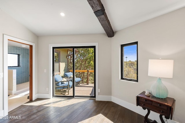 entryway featuring beam ceiling, hardwood / wood-style flooring, baseboards, and recessed lighting