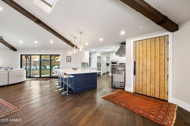 interior space with lofted ceiling with beams, dark wood-style floors, baseboards, and recessed lighting