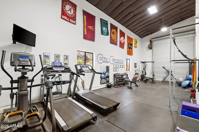 gym featuring a towering ceiling