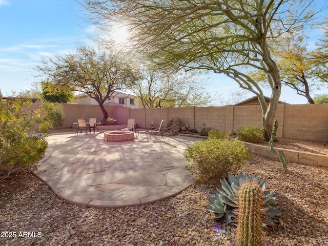 view of yard featuring a patio area and a fire pit