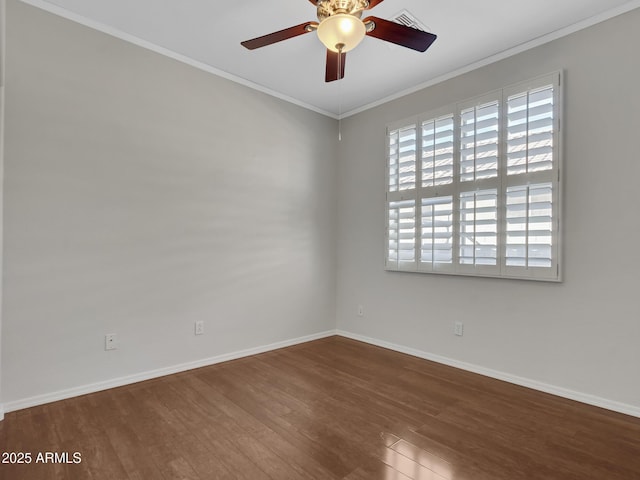 unfurnished room featuring hardwood / wood-style flooring, ceiling fan, and ornamental molding