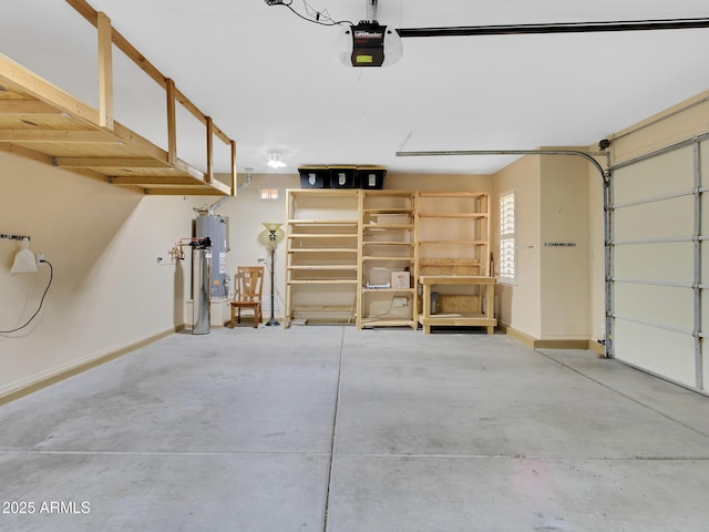 garage with water heater and a garage door opener