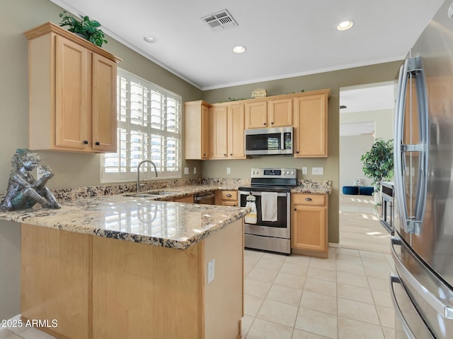 kitchen with light stone counters, sink, kitchen peninsula, and stainless steel appliances