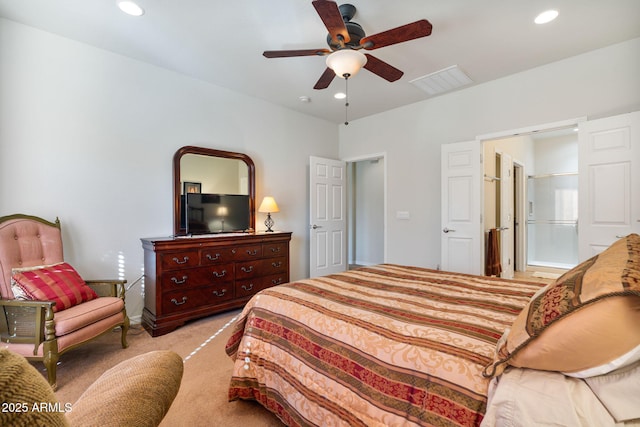 carpeted bedroom with ceiling fan