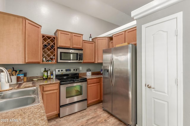 kitchen with stainless steel appliances, sink, and light wood-type flooring