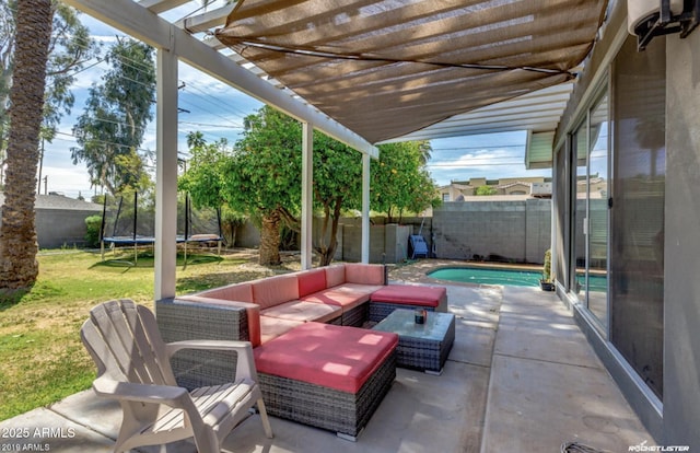 view of patio featuring a fenced in pool, an outdoor living space, a pergola, and a trampoline