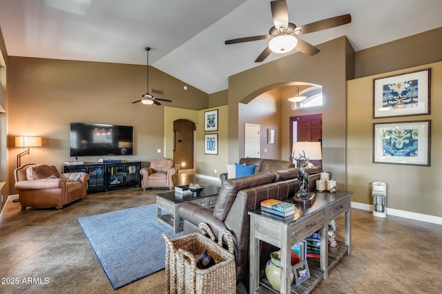 living room featuring high vaulted ceiling and ceiling fan