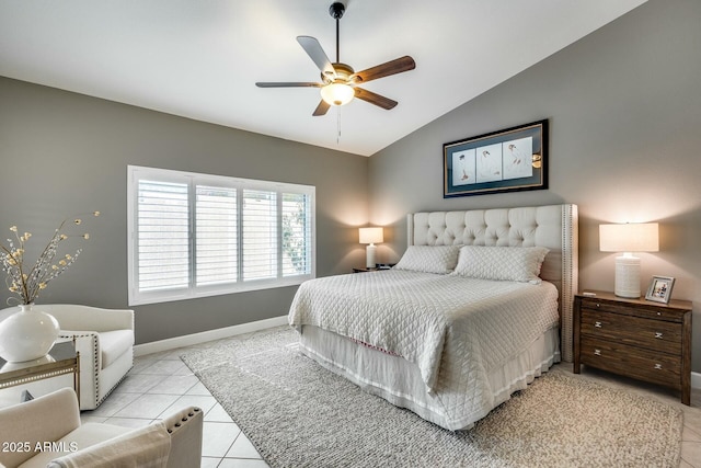 bedroom with light tile patterned flooring, lofted ceiling, and ceiling fan