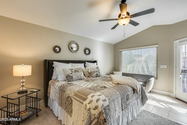 tiled bedroom with access to exterior, vaulted ceiling, and ceiling fan