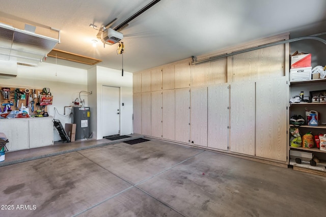 garage with a garage door opener and water heater