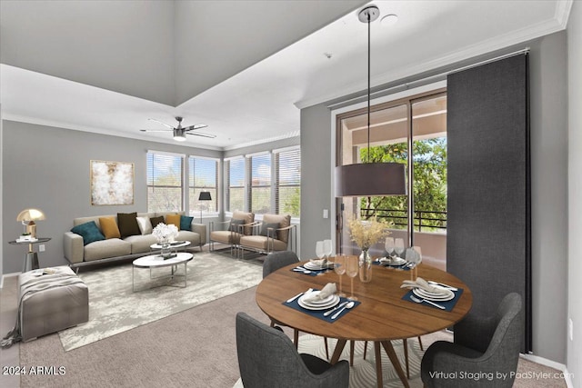 carpeted living area featuring plenty of natural light, ornamental molding, ceiling fan, and baseboards