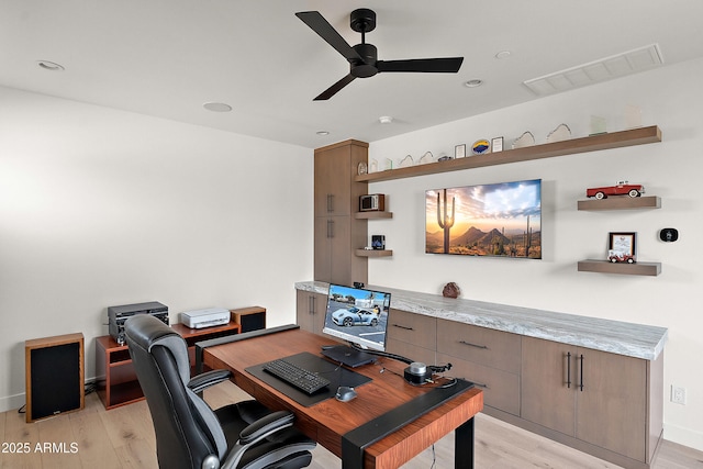 14108 E Harmony Ln, Fountain Hills, AZ 85268 - home office with baseboards, visible vents, light wood-style floors, and a ceiling fan