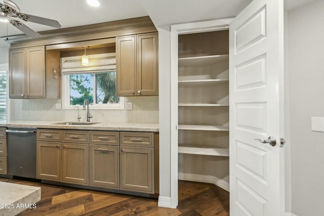 interior space featuring dark wood-type flooring, sink, dishwasher, ceiling fan, and backsplash