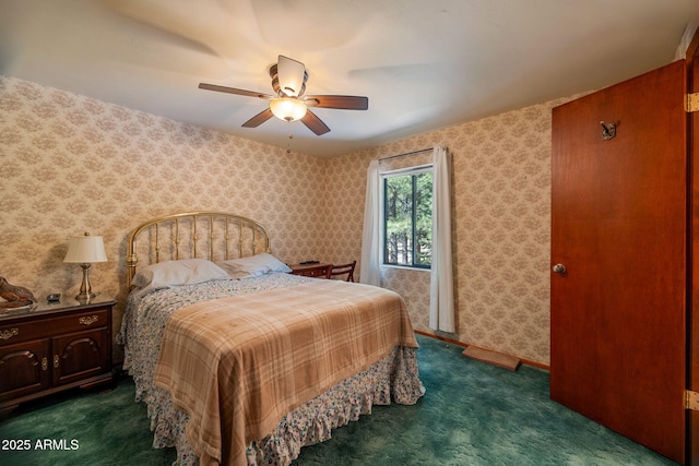 11 N County Road N1030 St, Greer, AZ 85927 - bedroom with dark carpet, ceiling fan, and wallpapered walls