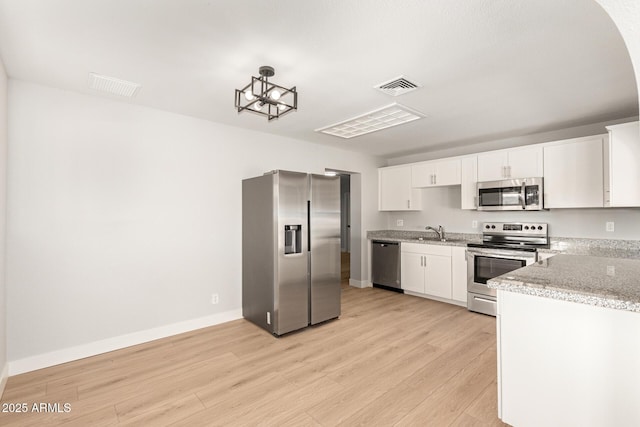 kitchen with sink, white cabinets, light hardwood / wood-style flooring, stainless steel appliances, and light stone counters