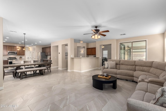 living room with ceiling fan