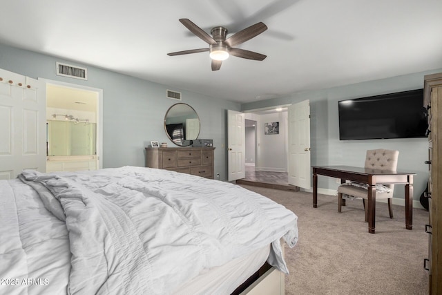 bedroom with light colored carpet, visible vents, ceiling fan, and baseboards