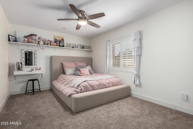 bedroom featuring light carpet, baseboards, and a ceiling fan