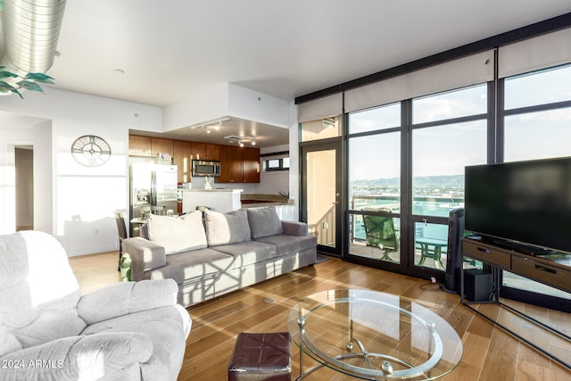 living room with light hardwood / wood-style flooring