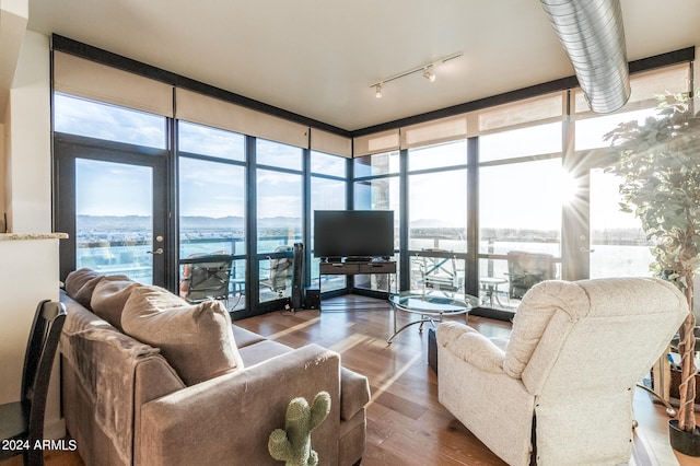 living room featuring a wealth of natural light, a wall of windows, and hardwood / wood-style floors