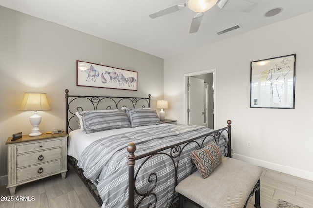 bedroom featuring wood-type flooring and ceiling fan