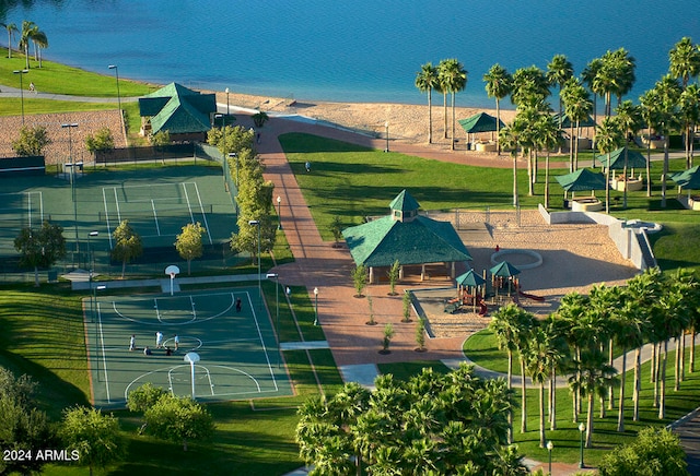 drone / aerial view featuring a water view