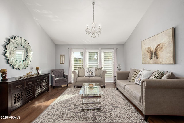 1201 E Campbell Ave, Gilbert, AZ 85234 - living room featuring vaulted ceiling, a chandelier, and wood finished floors