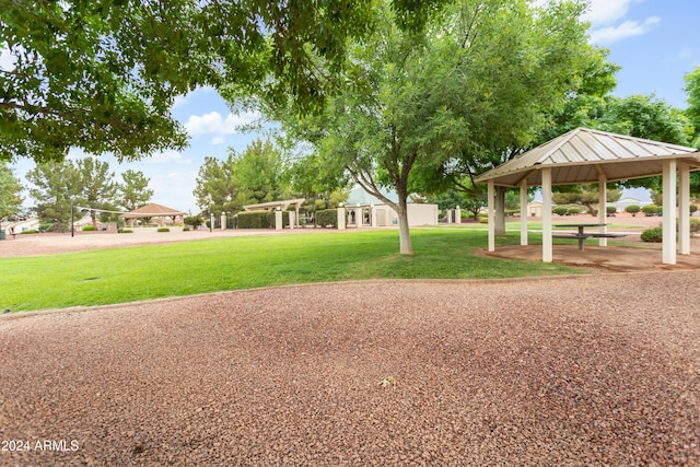 view of community featuring a gazebo and a lawn