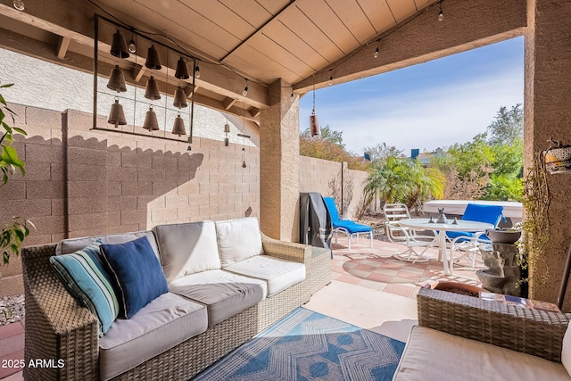 view of patio with a fenced backyard and an outdoor hangout area