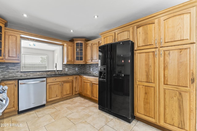 2633 E Garnet Ave, Mesa, AZ 85204 - kitchen featuring black refrigerator with ice dispenser, stainless steel dishwasher, a sink, decorative backsplash, and recessed lighting