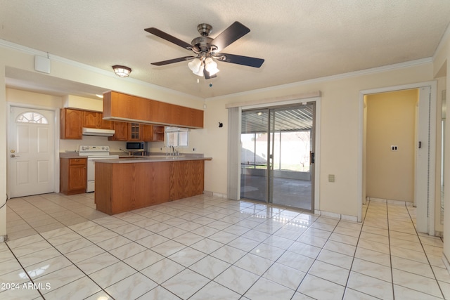 kitchen featuring light tile patterned floors, a textured ceiling, ornamental molding, white range with electric stovetop, and kitchen peninsula