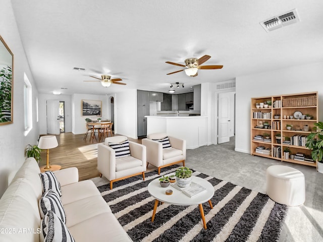 living room featuring ceiling fan