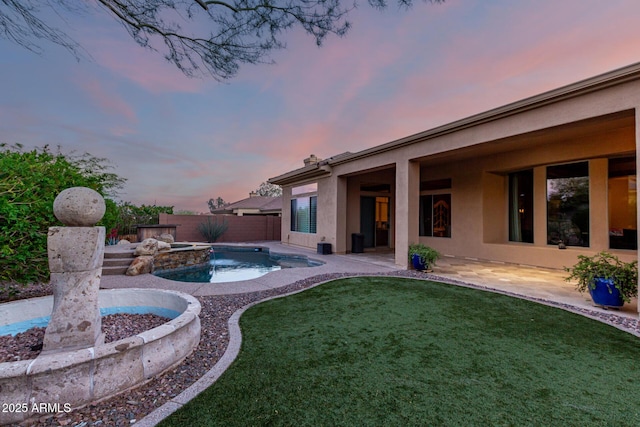 41715 N River Bend Rd, Phoenix, AZ 85086 - exterior space featuring a fenced backyard, a fenced in pool, an in ground hot tub, a patio area, and a lawn
