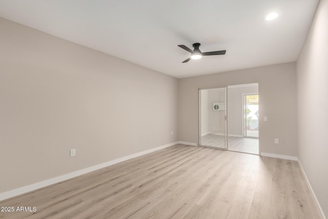unfurnished bedroom with recessed lighting, light wood finished floors, baseboards, and ceiling fan
