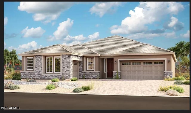 view of front of house with a garage, stone siding, stucco siding, and decorative driveway