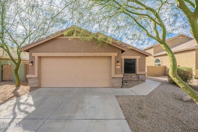 ranch-style home with stone siding, an attached garage, and stucco siding