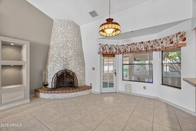 9839 W Utopia Rd, Peoria, AZ 85382 - unfurnished living room featuring tile patterned flooring, a fireplace, built in features, and high vaulted ceiling