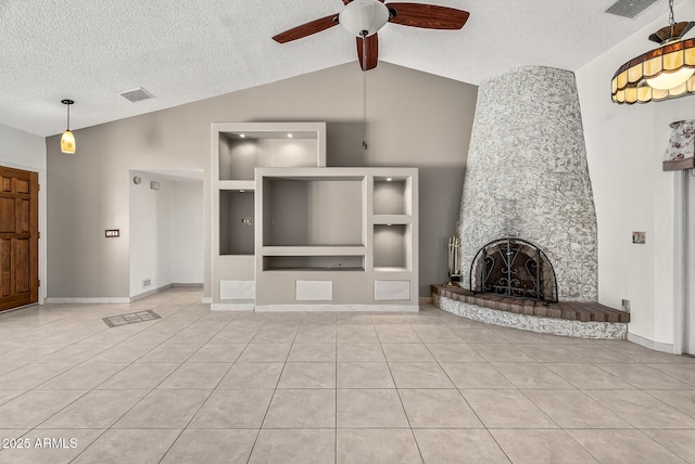 9839 W Utopia Rd, Peoria, AZ 85382 - unfurnished living room with lofted ceiling, a ceiling fan, tile patterned flooring, a textured ceiling, and built in features