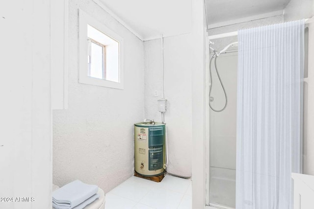 bathroom with water heater, toilet, tile patterned flooring, and walk in shower