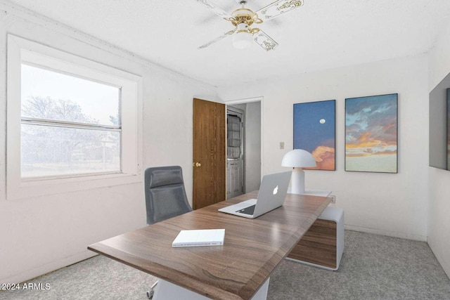 carpeted home office featuring ceiling fan